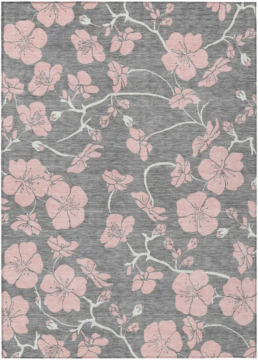 Gray Pink And Ivory Floral Washable Indoor Outdoor Area Rug Photo 2