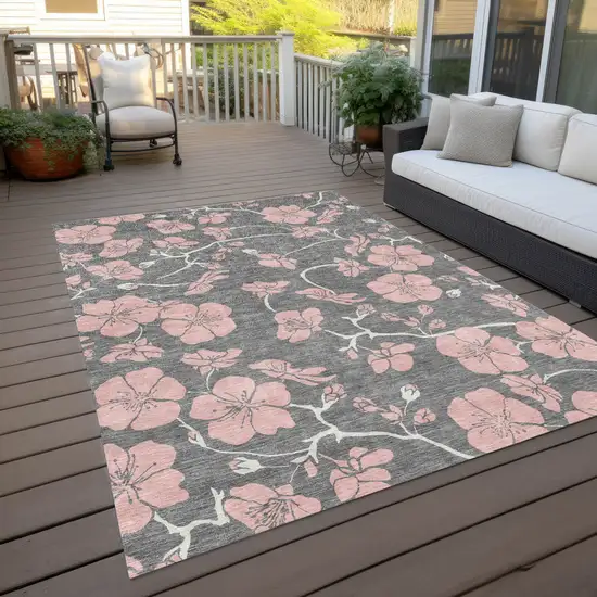 Gray Pink And Ivory Floral Washable Indoor Outdoor Area Rug Photo 9