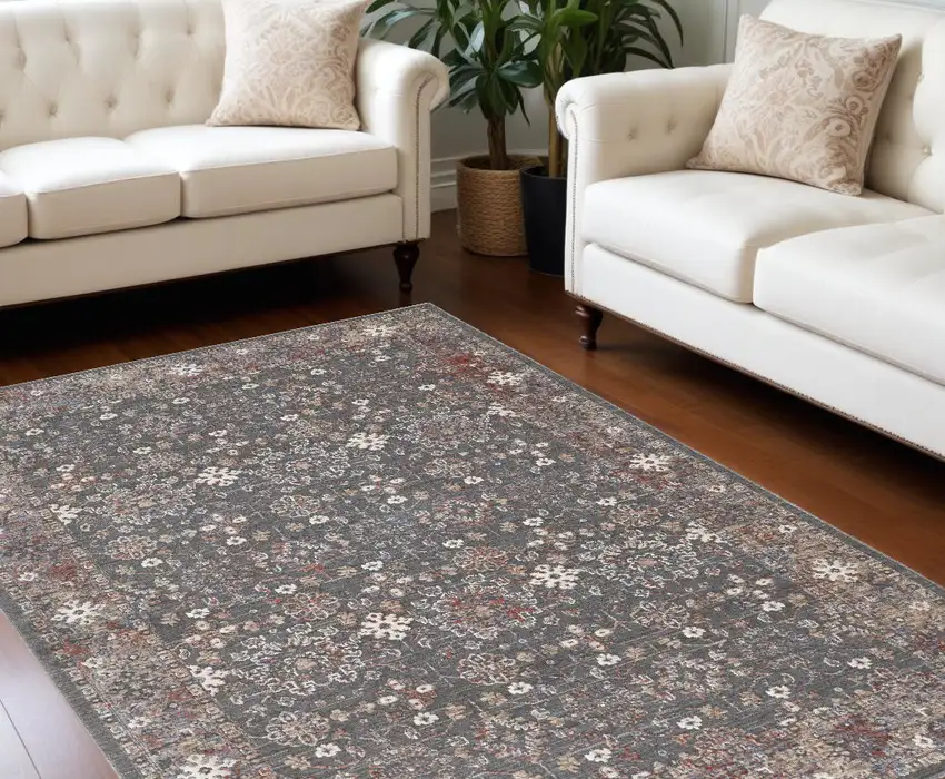 Gray and Ivory Floral Power Loom Area Rug Photo 1
