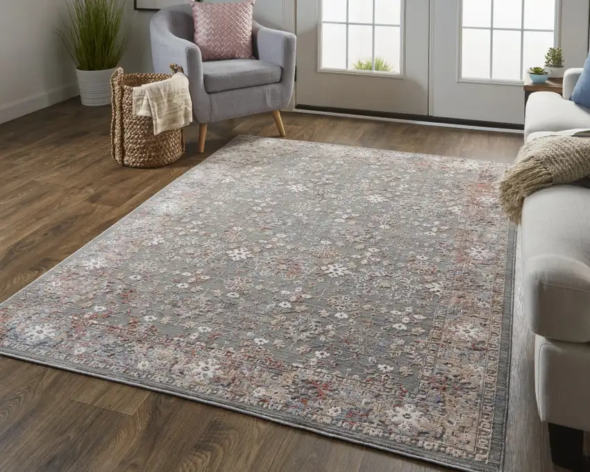 Gray Pink And Red Floral Power Loom Area Rug Photo 6