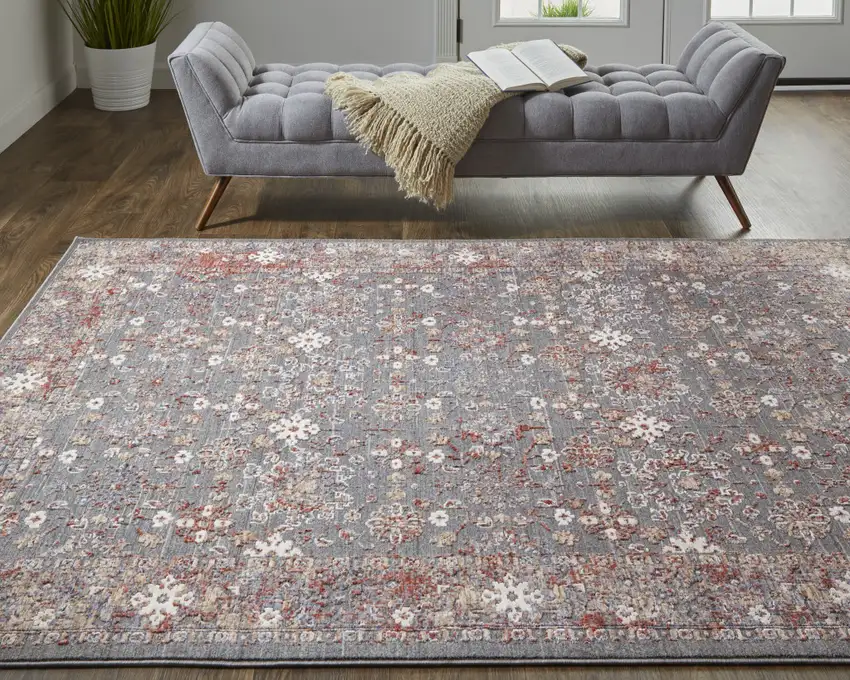 Gray Pink And Red Floral Power Loom Area Rug Photo 8