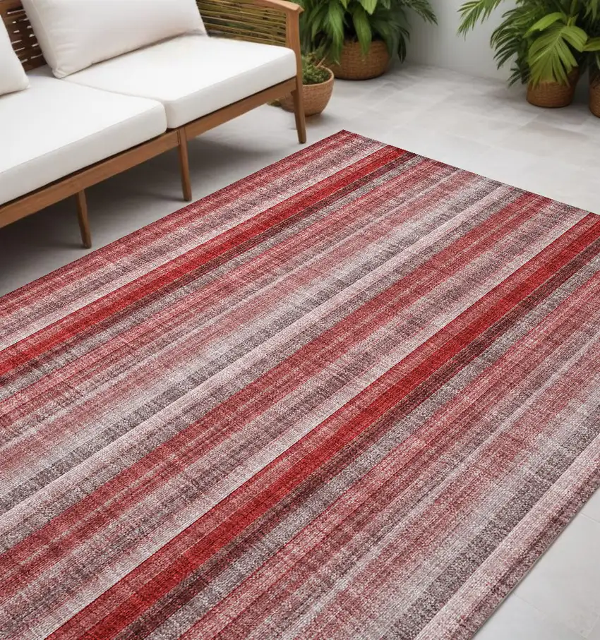 Gray Pink and Red Striped Washable Non Skid Indoor Outdoor Area Rug Photo 1
