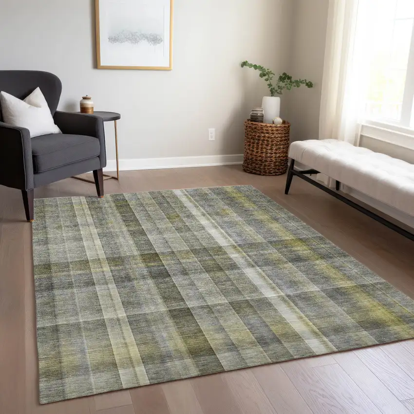 Gray Plaid Washable Non Skid Indoor Outdoor Area Rug Photo 9