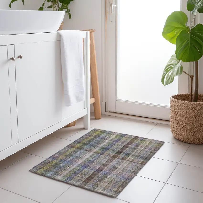 Gray Blue and Green Plaid Washable Non Skid Indoor Outdoor Area Rug Photo 8