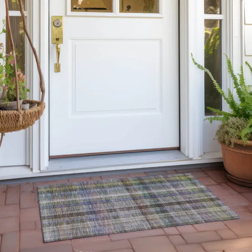 Gray Blue and Green Plaid Washable Non Skid Indoor Outdoor Area Rug Photo 9