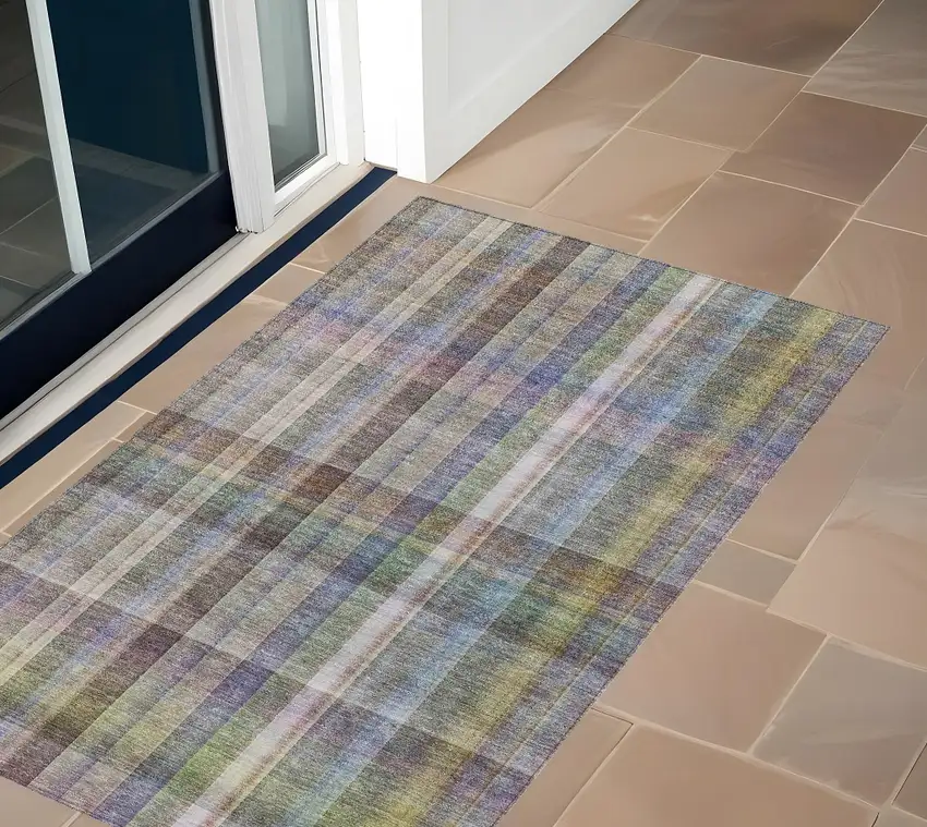 Gray Plaid Washable Non Skid Indoor Outdoor Area Rug Photo 1