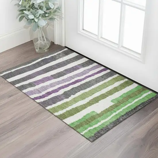 Gray Purple And Green Striped Washable Area Rug With UV Protection Photo 2