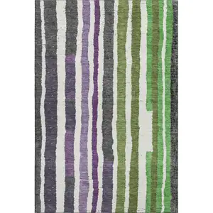 Photo of Gray Purple And Green Striped Washable Area Rug With UV Protection