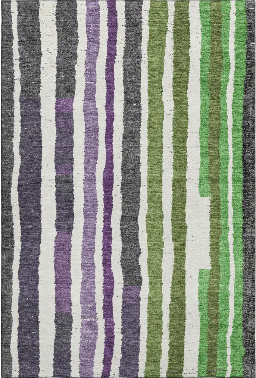 Gray Purple And Green Striped Washable Area Rug With UV Protection Photo 1