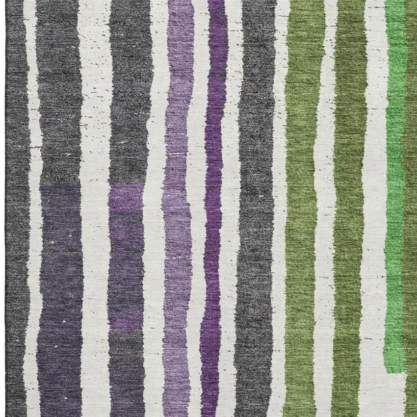 Gray Purple And Green Striped Washable Area Rug With UV Protection Photo 4