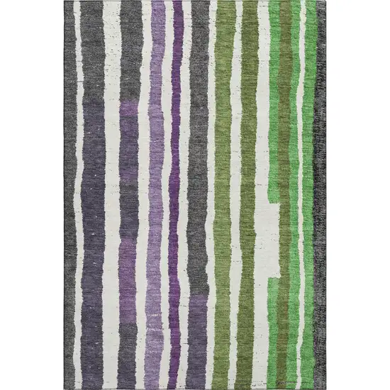 Gray Purple And Green Striped Washable Area Rug With UV Protection Photo 1