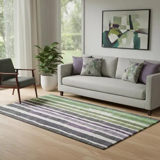 Gray Purple And Green Striped Washable Area Rug With UV Protection Photo 2