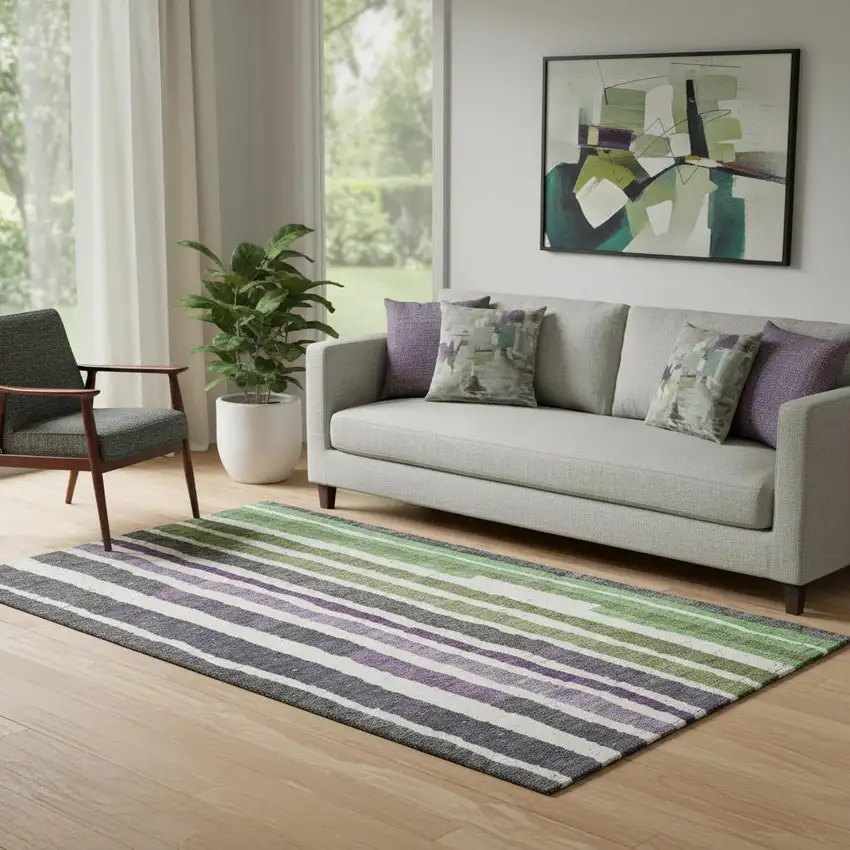 Gray Purple And Green Striped Washable Area Rug With UV Protection Photo 2