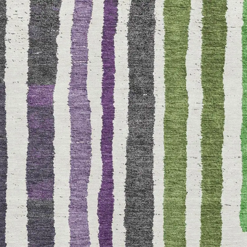 Gray Purple And Green Striped Washable Area Rug With UV Protection Photo 3