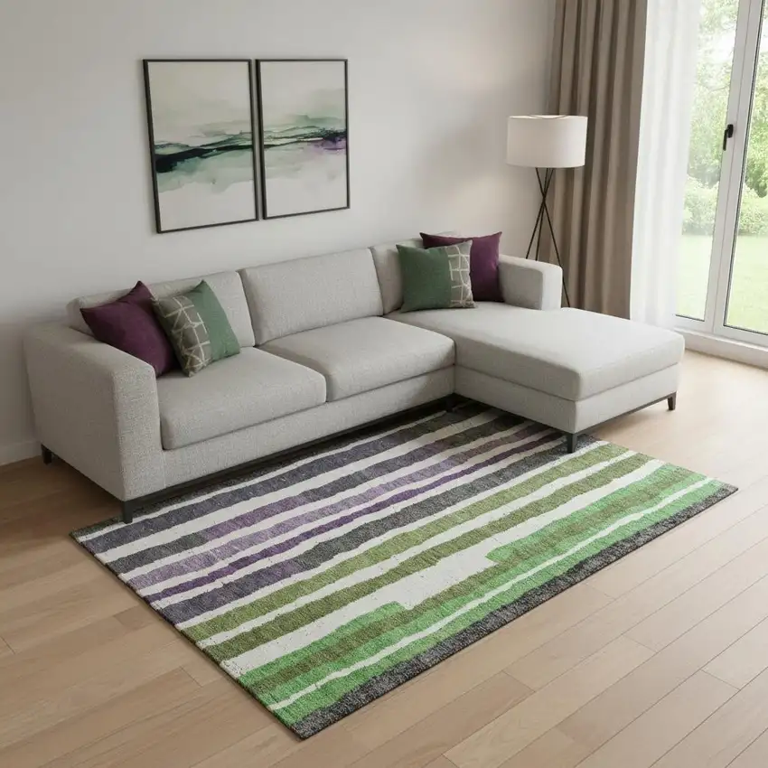 Gray Purple And Green Striped Washable Area Rug With UV Protection Photo 2