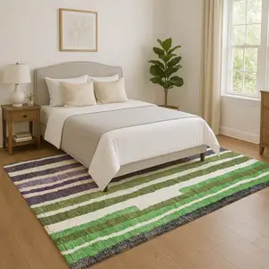 Photo of Gray Purple And Green Striped Washable Area Rug With UV Protection