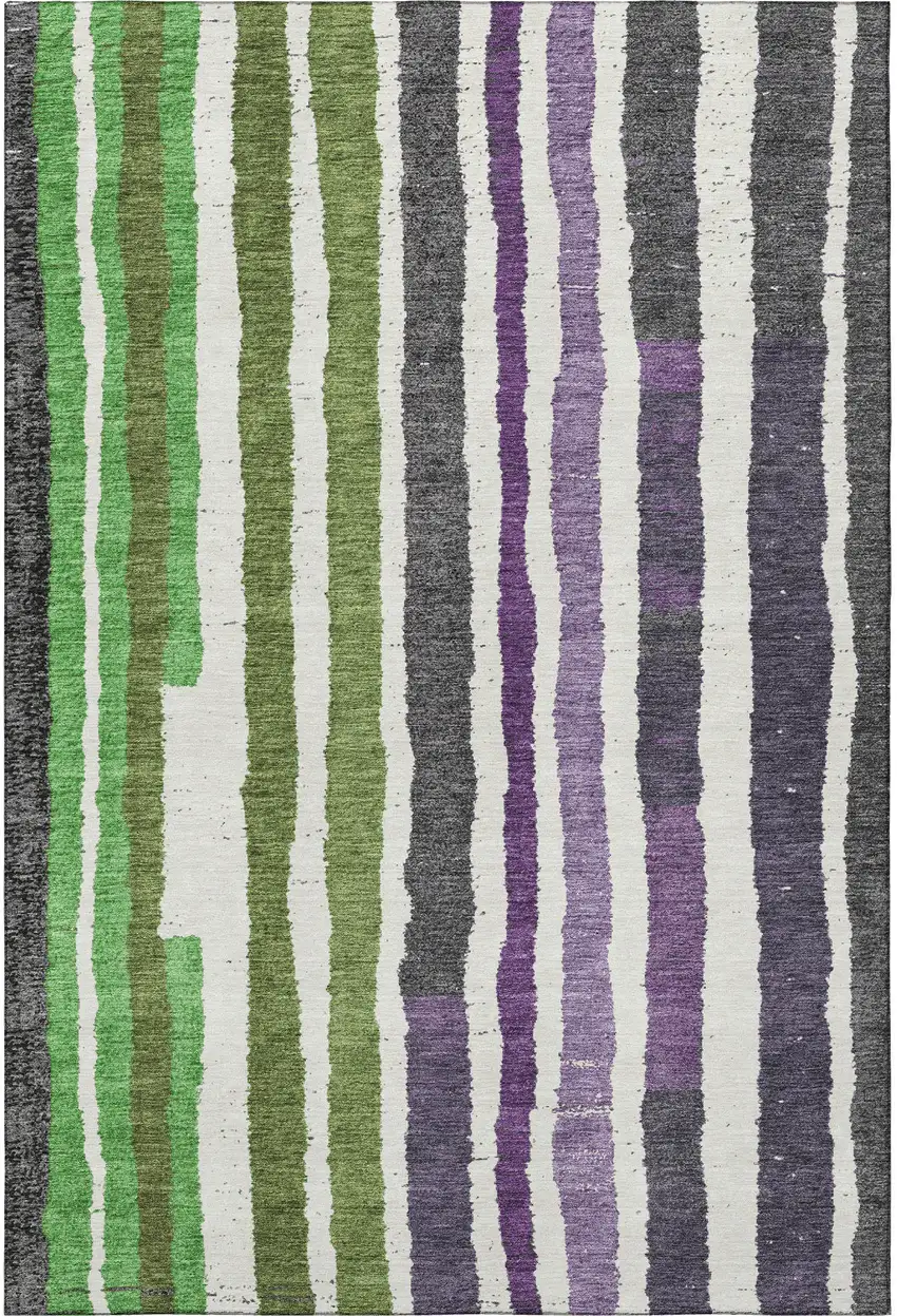 Gray Purple And Green Striped Washable Area Rug With UV Protection Photo 4
