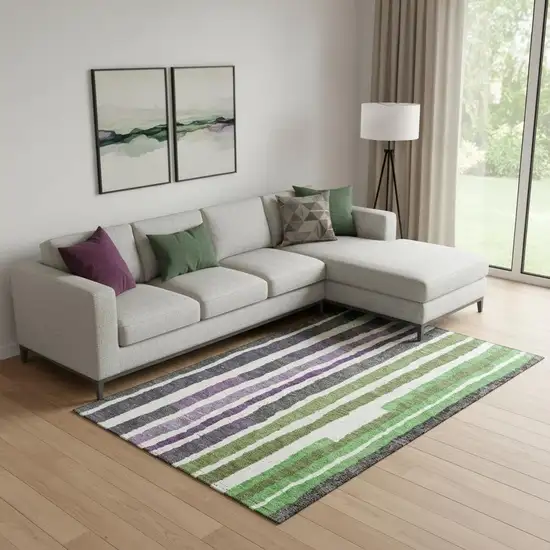 Gray Purple And Green Striped Washable Area Rug With UV Protection Photo 2