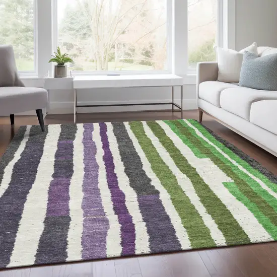 Gray Purple And Green Striped Washable Indoor Outdoor Area Rug Photo 6