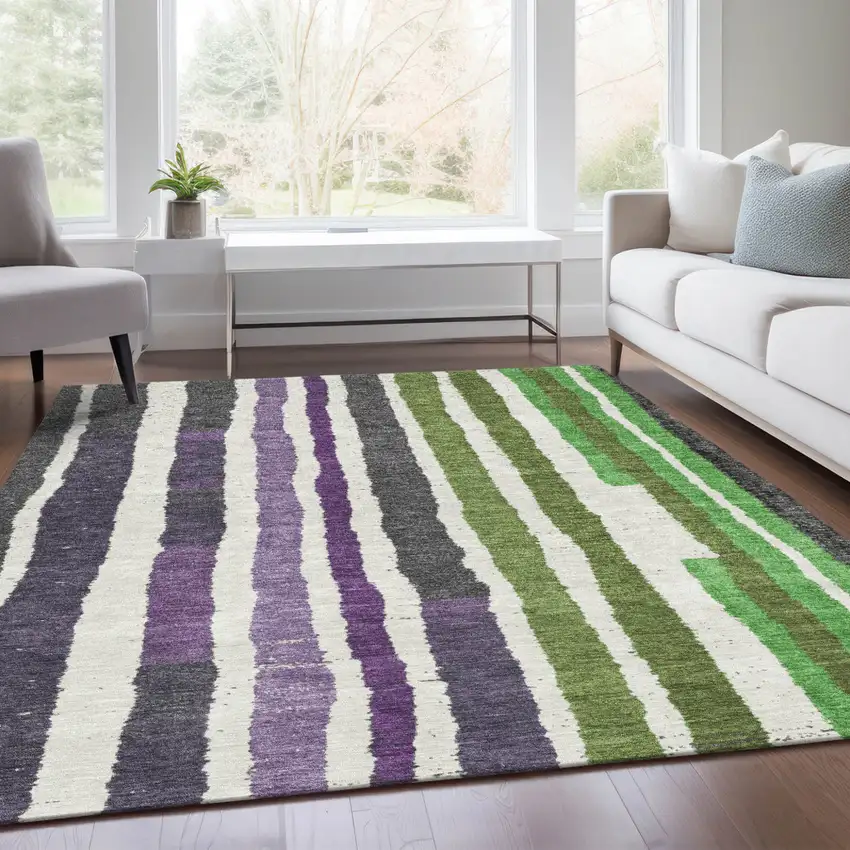 Gray Purple And Green Striped Washable Indoor Outdoor Area Rug Photo 6