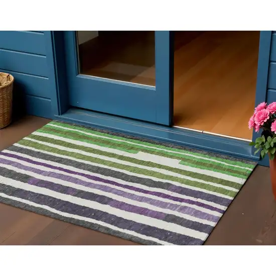 Gray Purple And Green Striped Washable Indoor Outdoor Area Rug Photo 2