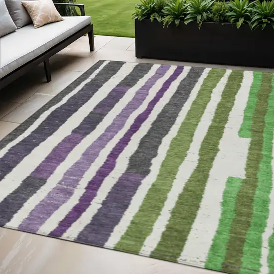 Gray Purple And Green Striped Washable Indoor Outdoor Area Rug Photo 2