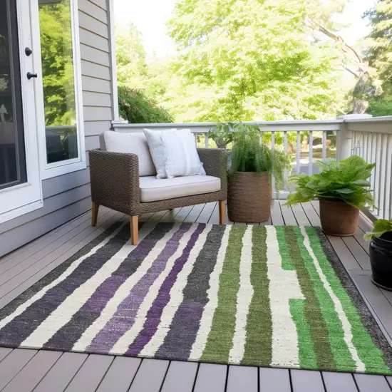 Gray Purple And Green Striped Washable Indoor Outdoor Area Rug Photo 7