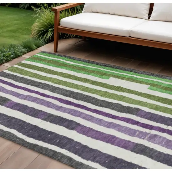 Gray Purple And Green Striped Washable Indoor Outdoor Area Rug Photo 2