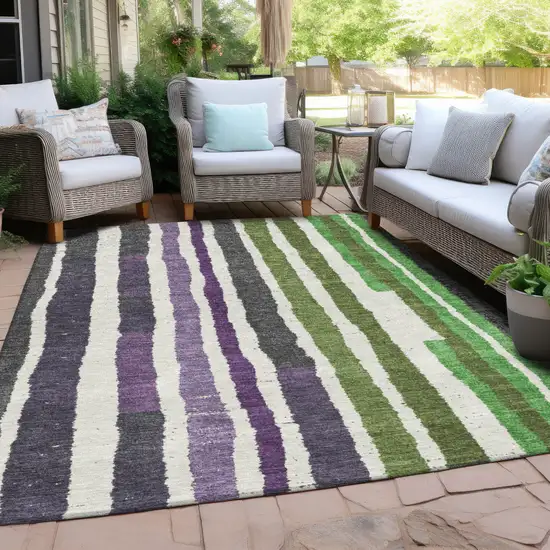 Gray Purple And Green Striped Washable Indoor Outdoor Area Rug Photo 4