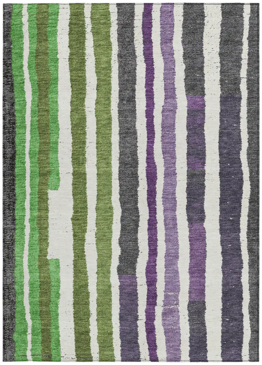 Gray Purple And Green Striped Washable Indoor Outdoor Area Rug Photo 1