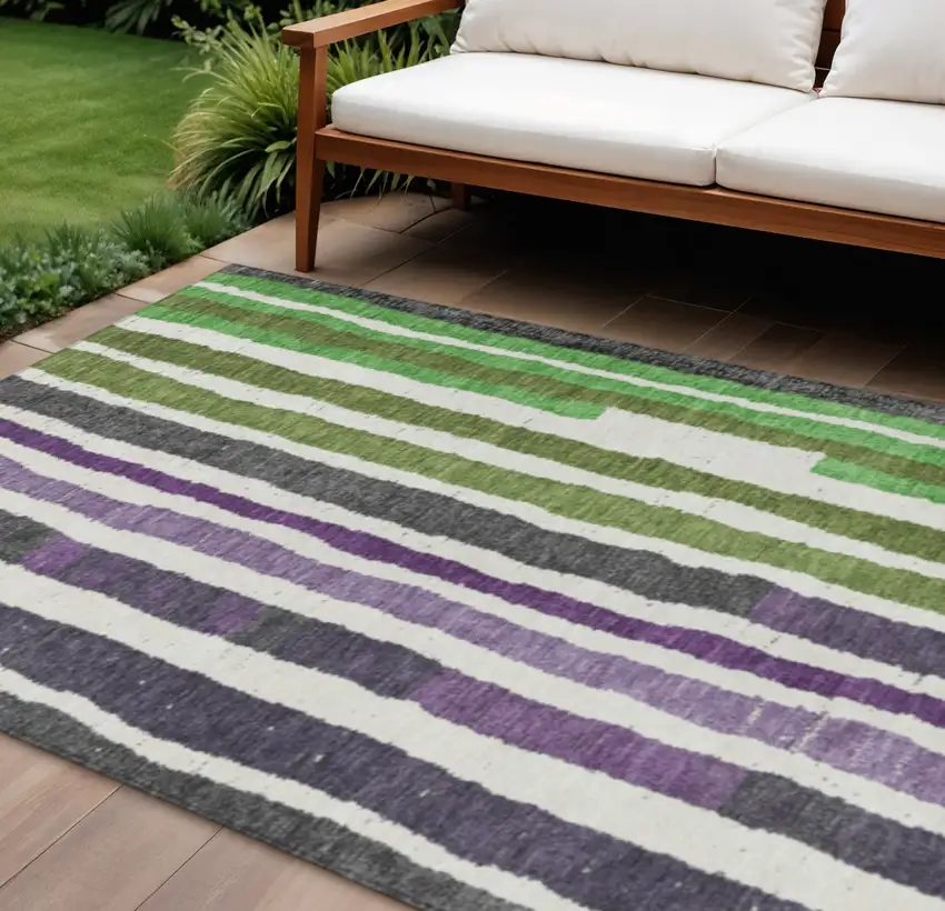 Gray Purple And Green Striped Washable Indoor Outdoor Area Rug Photo 2