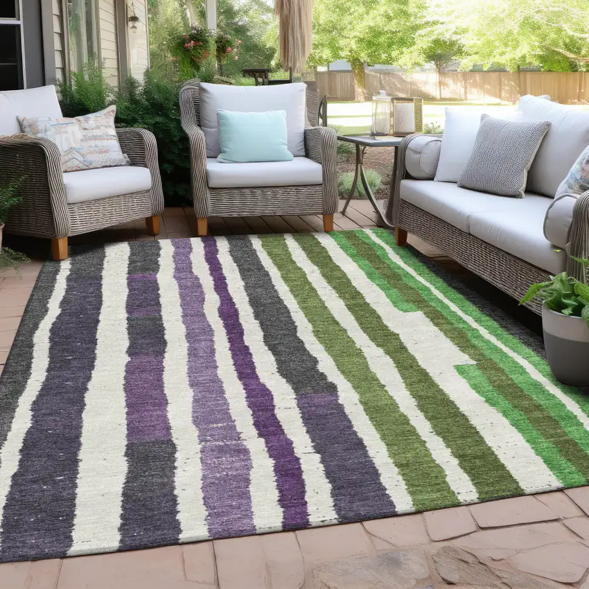 Gray Purple And Green Striped Washable Indoor Outdoor Area Rug Photo 4