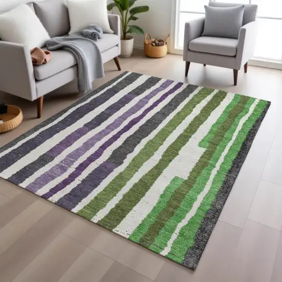 Gray Purple And Green Striped Washable Indoor Outdoor Area Rug Photo 5