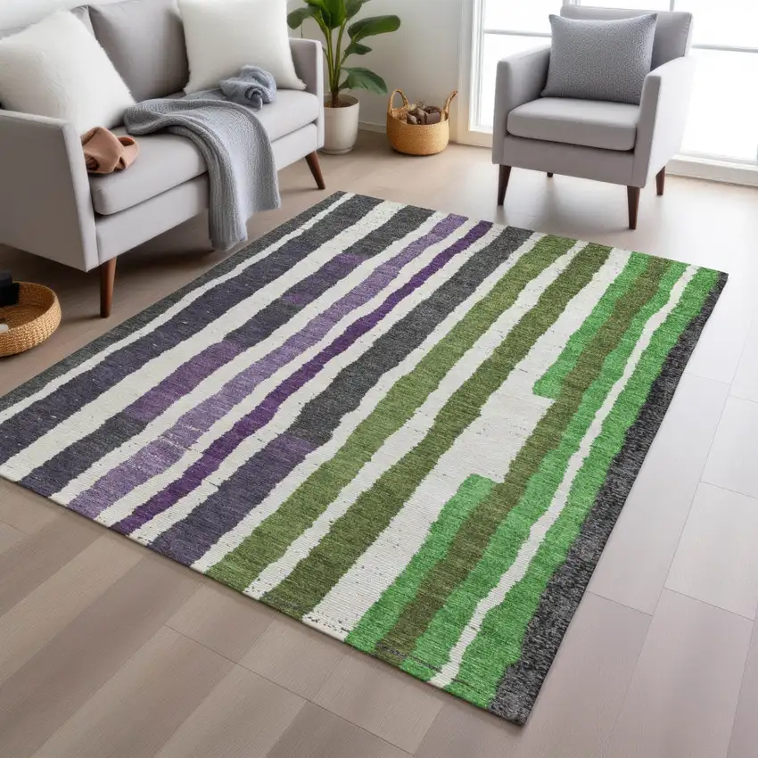 Gray Purple And Green Striped Washable Indoor Outdoor Area Rug Photo 5