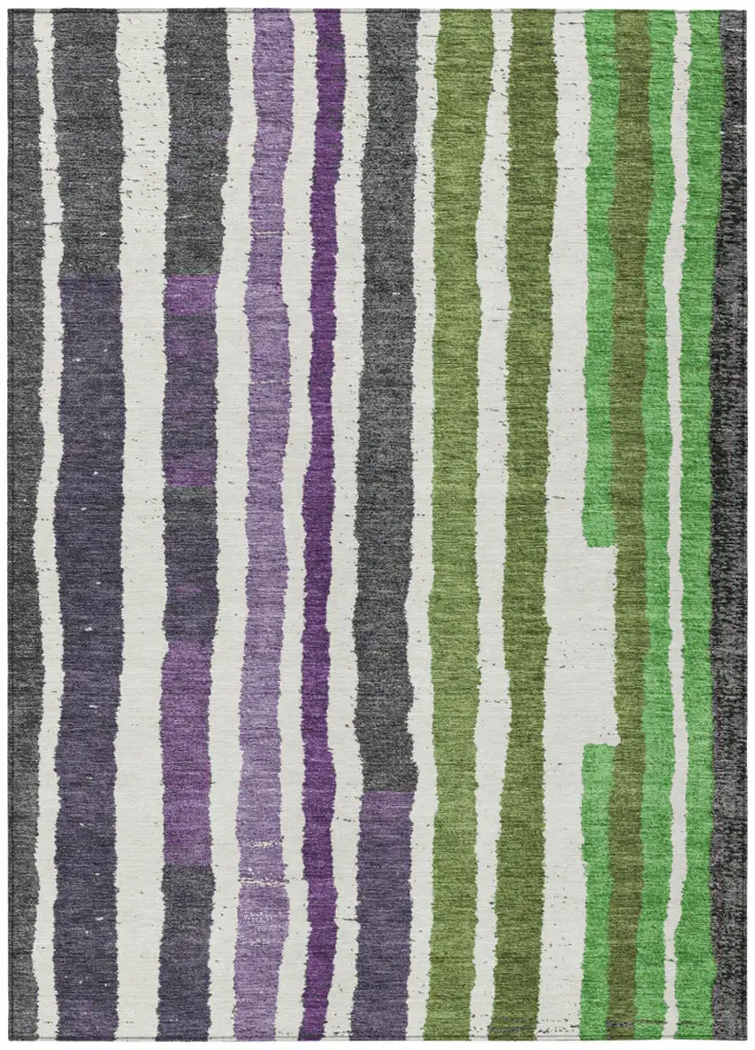 Gray Purple And Green Striped Washable Indoor Outdoor Area Rug Photo 8