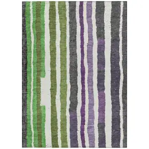 Photo of Gray Purple And Green Striped Washable Indoor Outdoor Area Rug