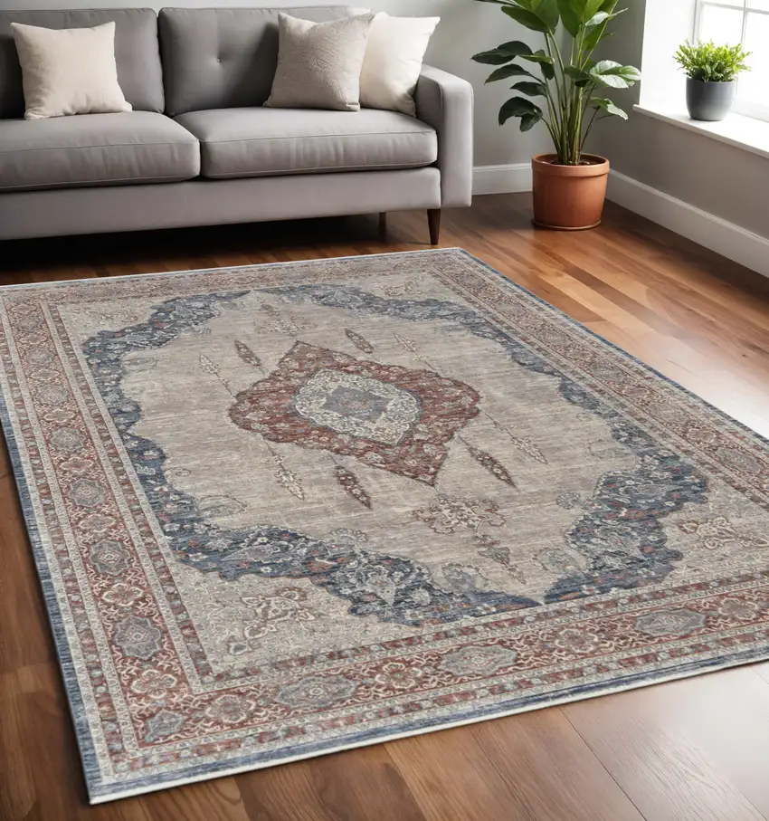 Blue and Gray Floral Power Loom Area Rug Photo 1