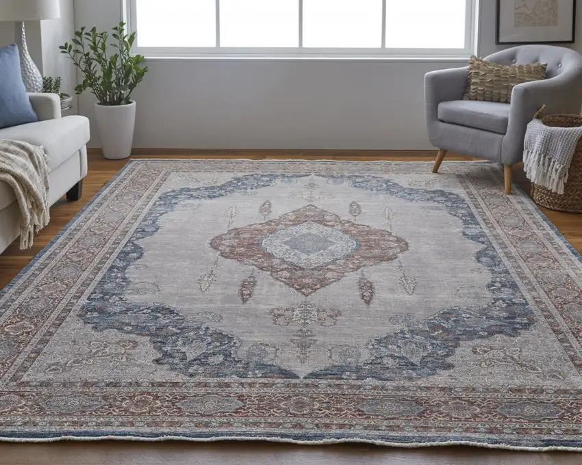 Gray Red And Blue Floral Power Loom Stain Resistant Area Rug Photo 8