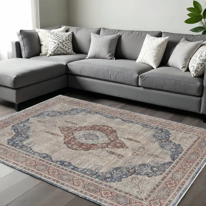 Gray Red And Blue Floral Area Rug Photo 1