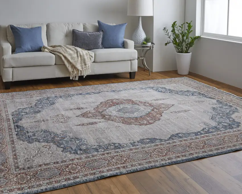 Gray Red And Blue Floral Power Loom Stain Resistant Area Rug Photo 9