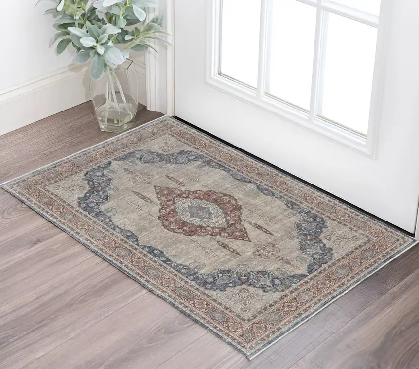 Blue and Gray Floral Power Loom Area Rug Photo 1