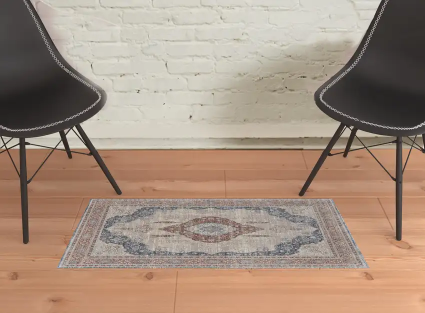 Gray Red And Blue Floral Power Loom Stain Resistant Area Rug Photo 2
