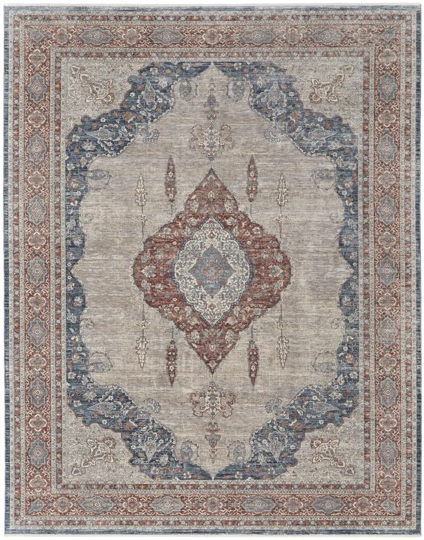 Gray Red And Blue Floral Power Loom Stain Resistant Area Rug Photo 1