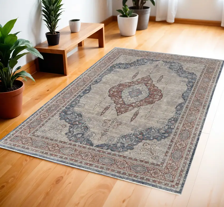 Gray Red And Blue Floral Power Loom Stain Resistant Area Rug Photo 1