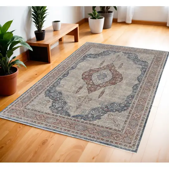 Gray Red And Blue Floral Power Loom Stain Resistant Area Rug Photo 1