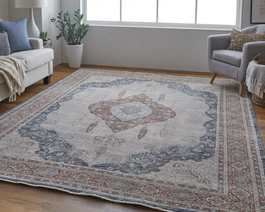 Gray Red And Blue Floral Power Loom Stain Resistant Area Rug Photo 2