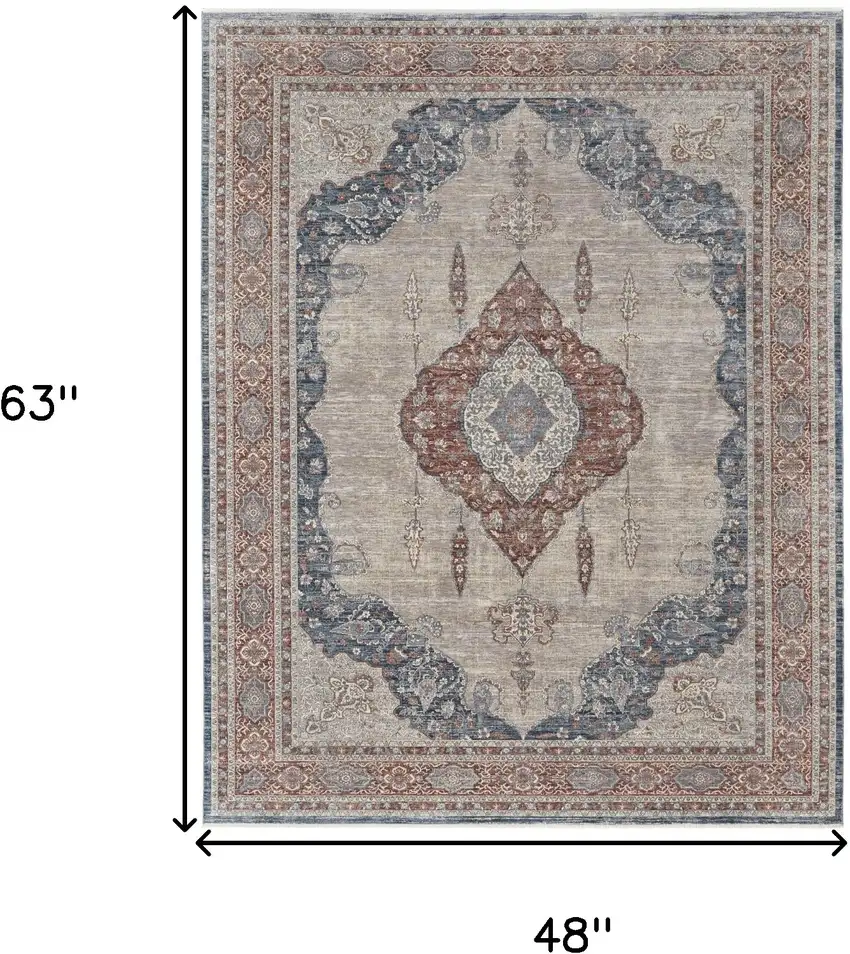 Gray Red And Blue Floral Power Loom Stain Resistant Area Rug Photo 4