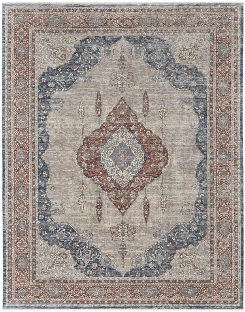 Gray Red And Blue Floral Power Loom Stain Resistant Area Rug Photo 1