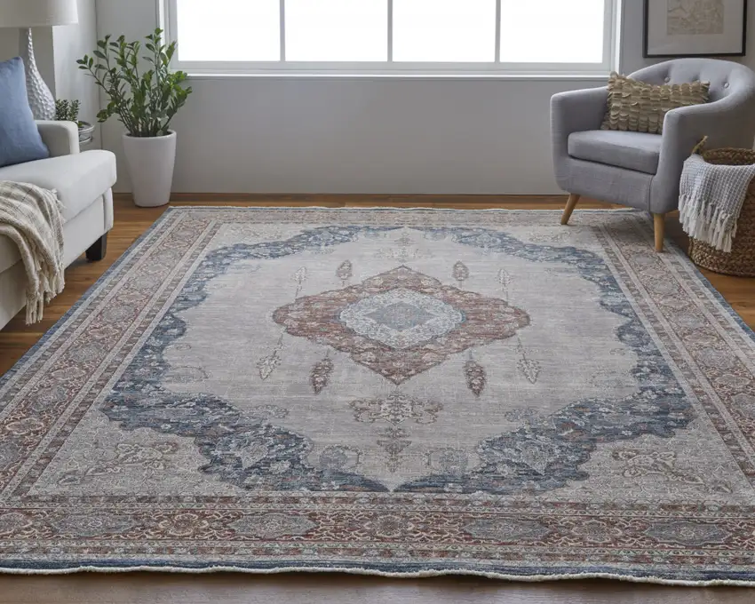 Gray Red And Blue Floral Power Loom Stain Resistant Area Rug Photo 3