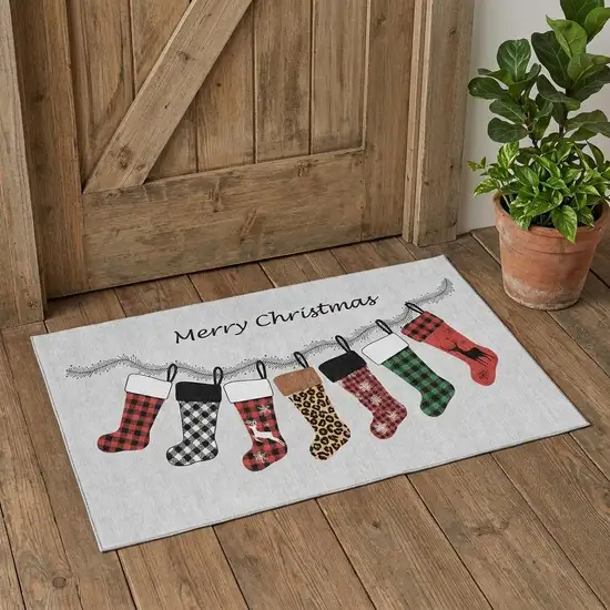 Gray Red And Green Christmas Stockings Washable Area Rug With UV Protection Photo 1
